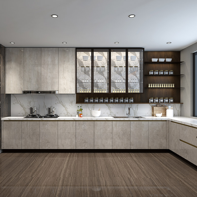 博洛尼现代简约厨房开放整体橱柜石英石台面铝框玻璃柜门定制订金