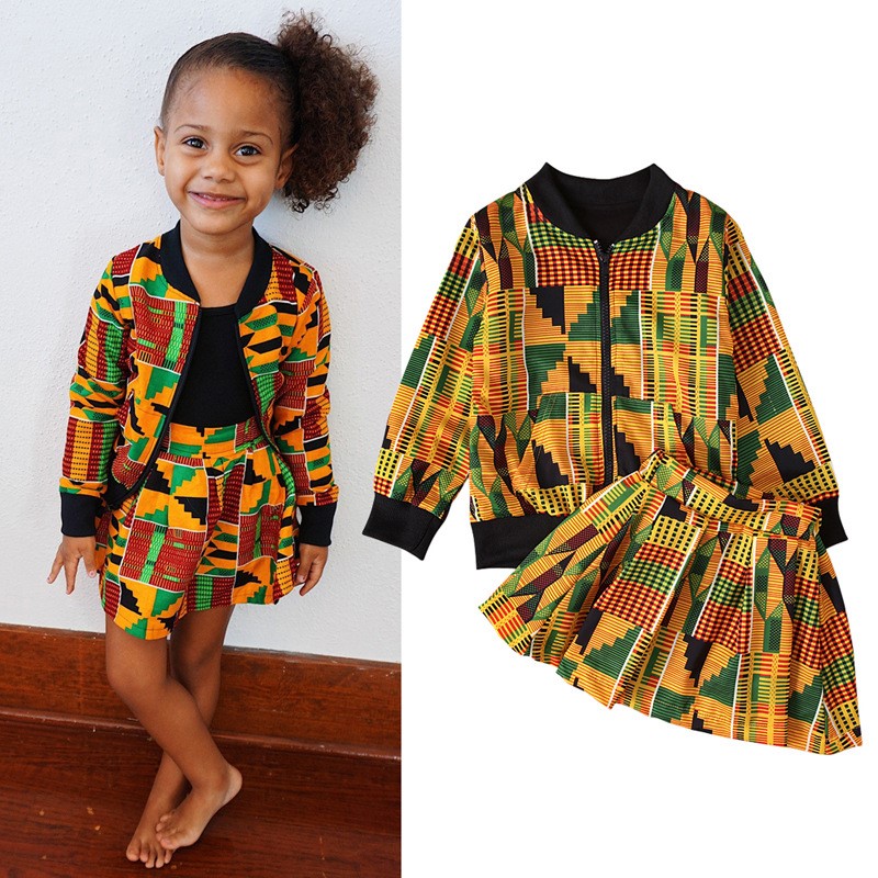 African kid clothes非洲波西米亚风格拉链外套+裙子两件套童装