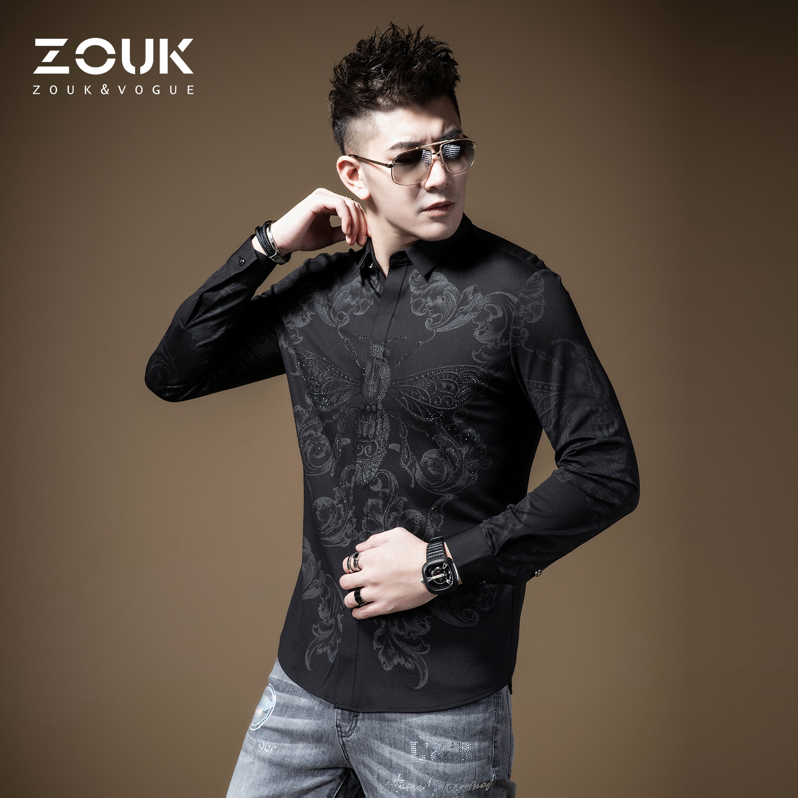 ZOUK黑色小蜜蜂印花高级感衬衫男设计感轻奢烫钻衬衣韩版潮流帅气