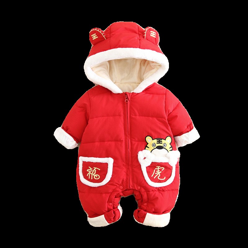 婴童婴儿连体衣冬装男女老虎宝宝拜年服棉衣加厚冬季红色过年服装