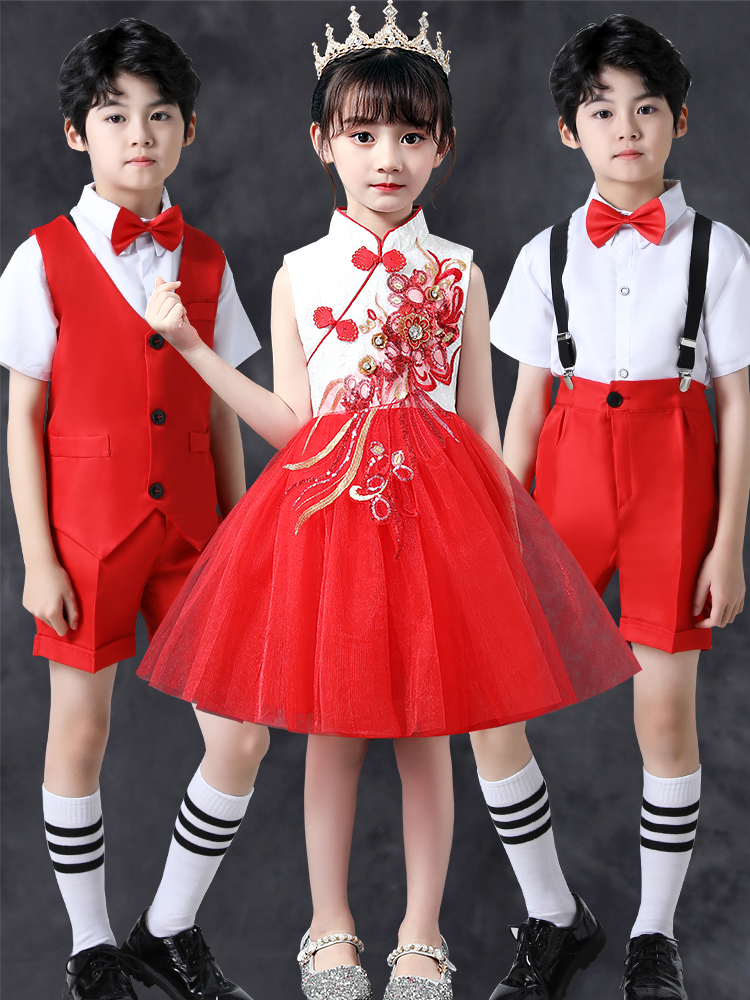 国庆节服装国风礼服朗诵演出服红色主题儿童大合唱表演服蓬蓬裙