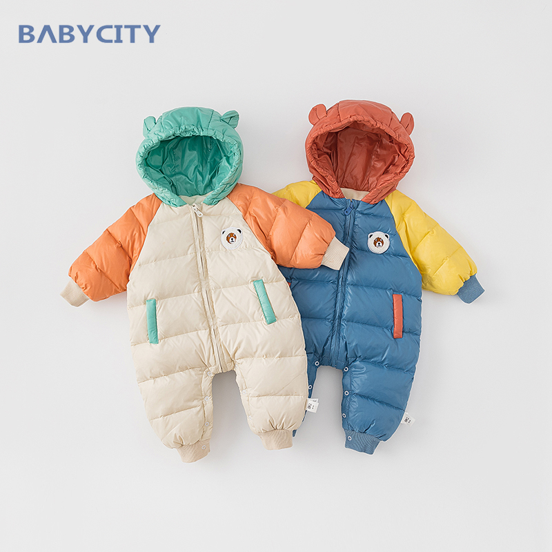 婴儿羽绒服冬装0-1一2岁宝宝羽绒连体衣幼儿外出保暖抱衣加厚爬服