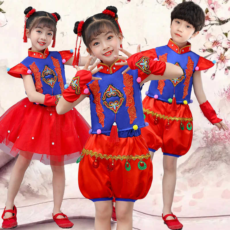 六一儿童中国少年郎风小梦娃舞蹈服装幼儿园演出服喜庆打鼓表演服