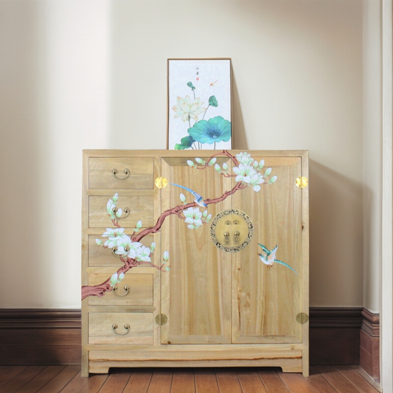 新中式香樟木小衣柜田园彩绘2门储物矮橱柜儿童卧室实木家具整体