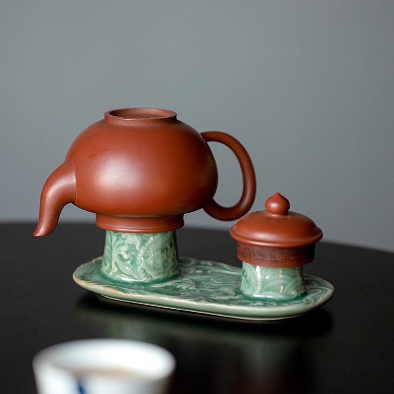 越窑青瓷浮雕祥龙晾壶架盖置家用茶道零配盖托紫砂茶壶沥水托
