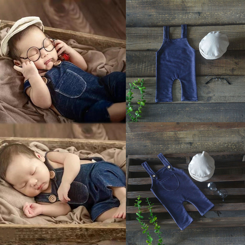 新生的儿摄影服装婴儿拍照帽子背带裤套装宝宝月子照衣服影楼道具
