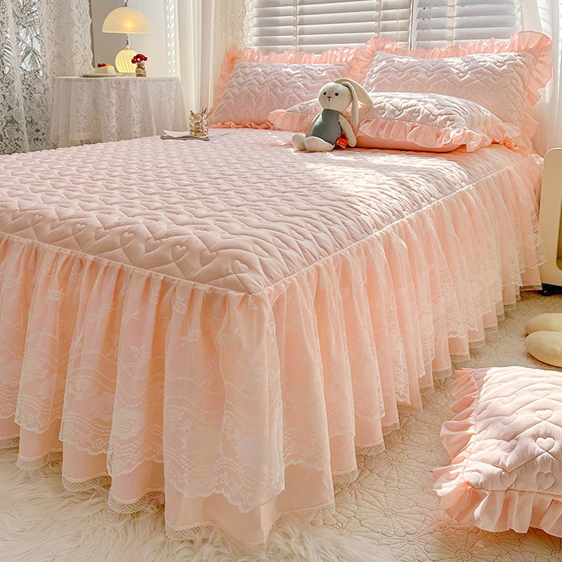 纯色a类夹棉床笠式床裙二合一单件床罩蕾丝花边全包防滑四季通用