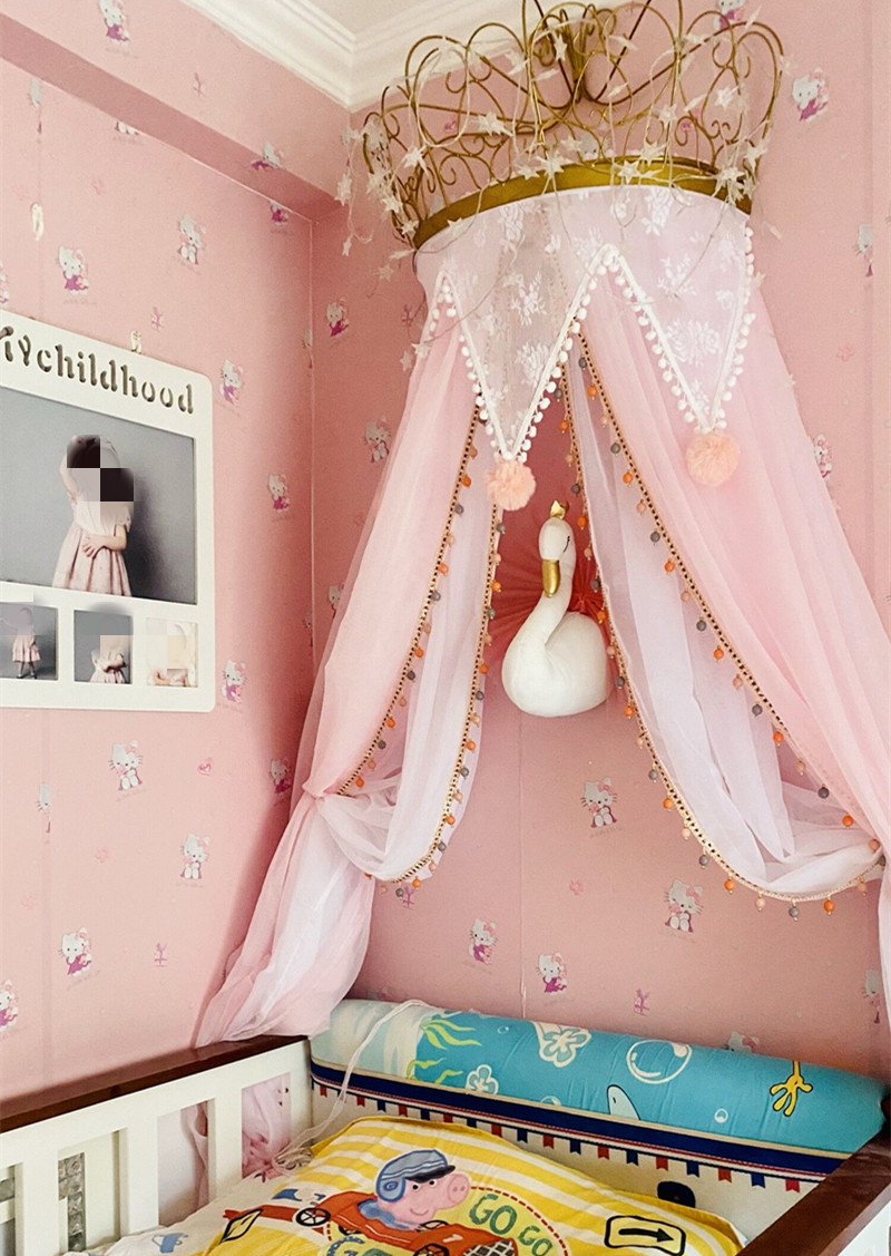 儿童房装饰可爱少女心双层幔粉蕾丝纱帘三角通用公主床马卡龙北欧