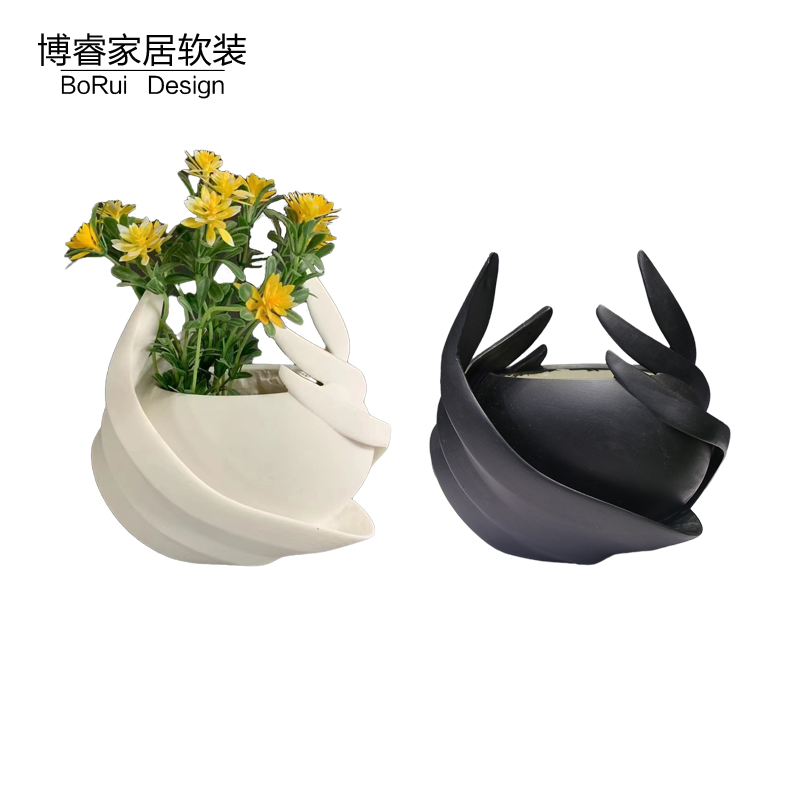 北欧简约现代轻奢样板间软装饰品羽翼花瓶摆件黑白色砂岩抽象花器