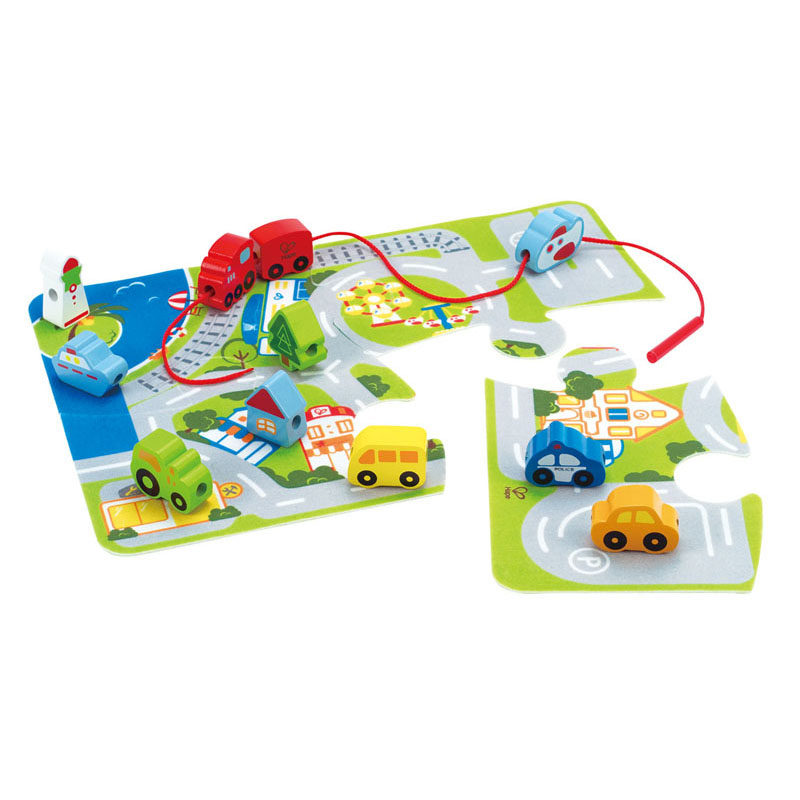 Hape 都市穿绳拼图 儿童2-3岁交通工具宝宝早教智力 木质益智玩具