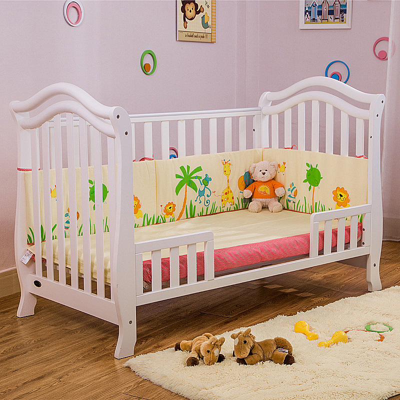 美式实木婴儿床可调节高度宝宝bb多功能儿童拼接大床环保无味白色