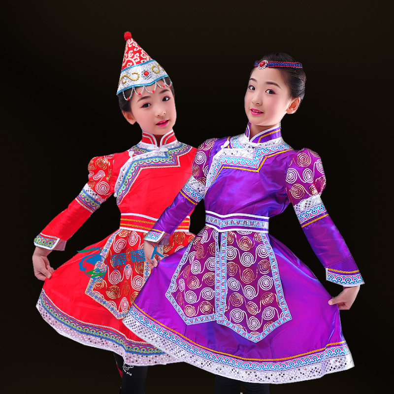 新款蒙古袍儿童女生活装蒙古舞蹈演出服儿童蒙古服族女童蒙古衣服