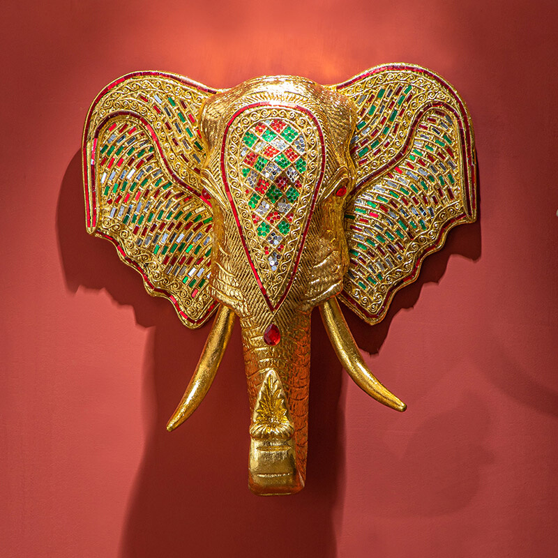 泰国实木金色大象头壁饰创意壁挂客厅玄关会所背景墙东南亚装饰品