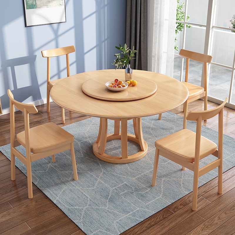北欧全实木圆桌大中小型桌子家用餐厅橡胶木材质带转盘实木餐桌椅