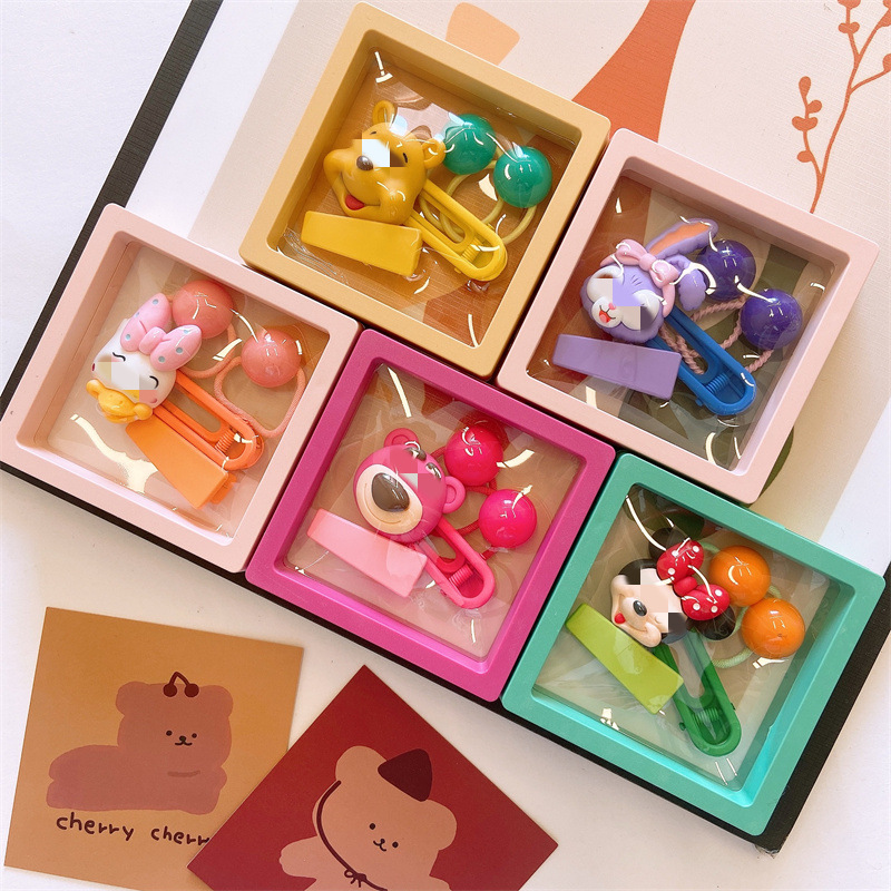 韩国儿童可爱荧光色发夹卡通人物鸭嘴夹可爱糖豆发绳女童发饰盒装