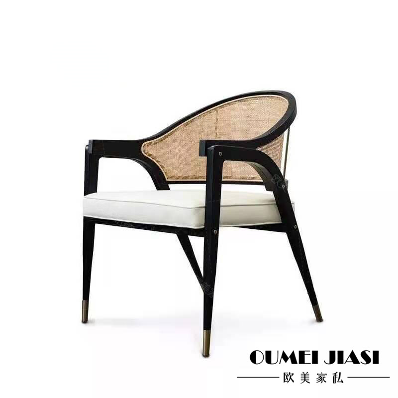 美式时尚实木餐椅新中式设计创意编藤椅酒店会所接待洽谈休闲单椅