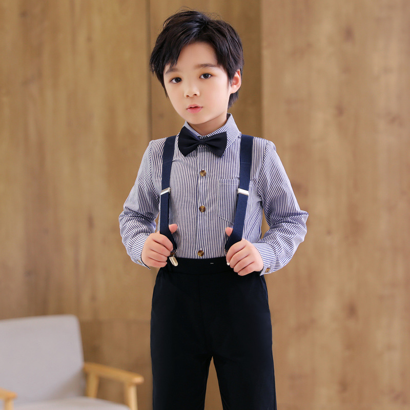 儿童礼服套装2022新款韩版条纹长袖背带裤两件套男童主持演讲合唱
