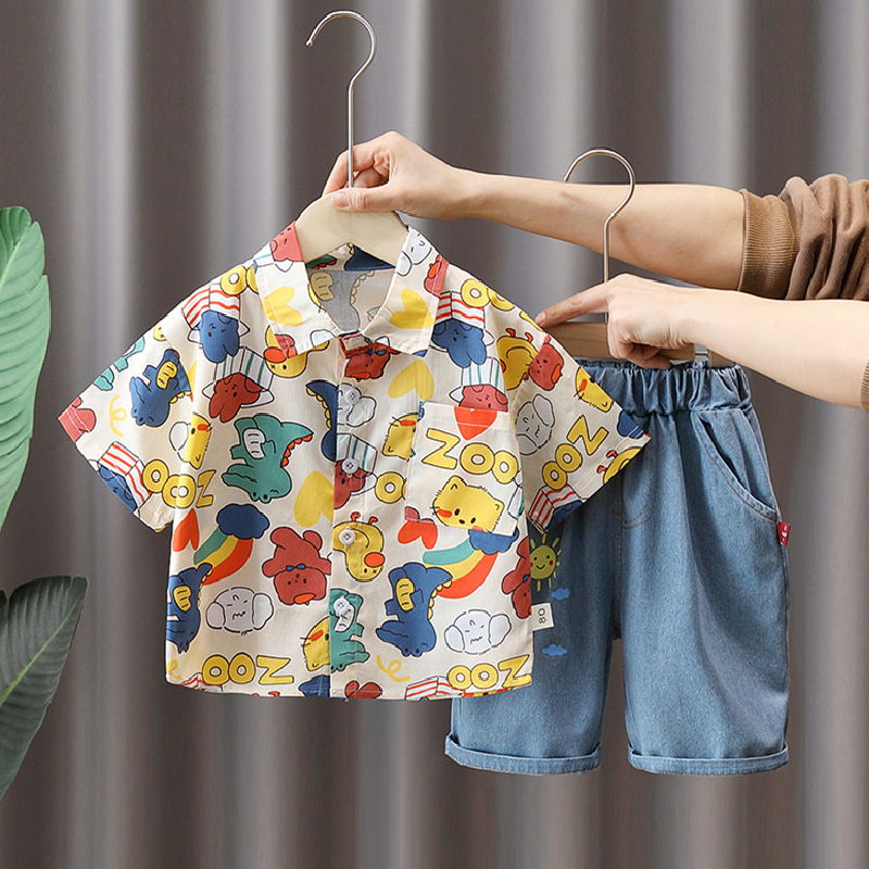 婴儿衣服夏季小童纯棉短袖韩版男孩花衬衫套装分体一周岁宝宝夏装