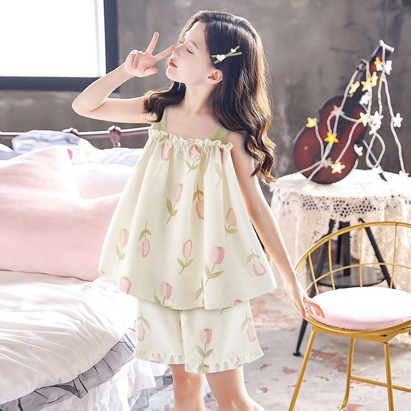 巴拉巴柆韩系女童睡衣夏公主薄款小女孩两件套宝宝吊带套装儿童甜