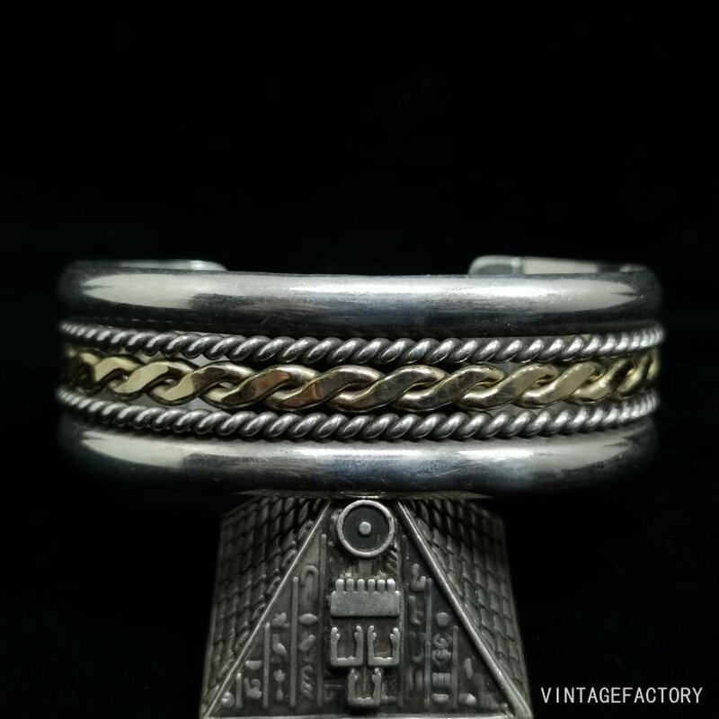 美国印第安纳瓦霍部落产手工12K包金宽版纯银美式复古手环镯男女