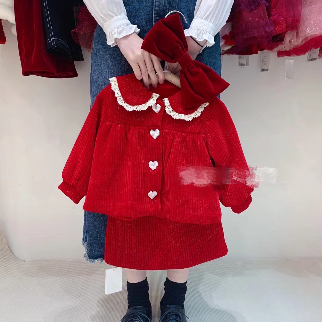 2022冬 韩版品牌苏西红褐色新年夹棉儿童套装棉衣圣诞拜年服小童