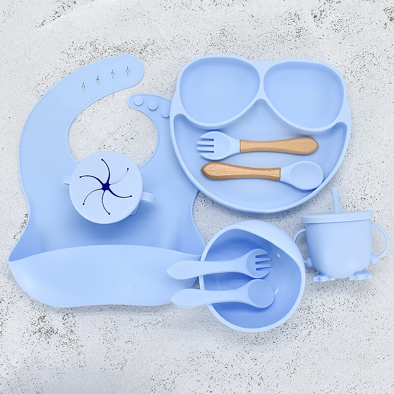 硅胶儿童餐具套装餐盘围兜勺子杯子 宝宝训练吃饭 餐盘碗11件套