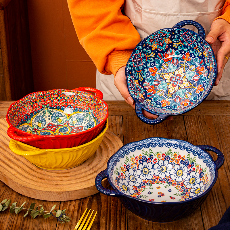 波西米亚高颜值双耳汤碗家用陶瓷沙拉碗泡面碗网红餐具拉面碗汤盆