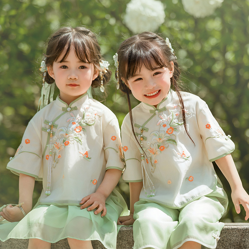 微雨 汉服女童夏季短袖中国风古装套装洋气改良旗袍儿童宝宝唐装