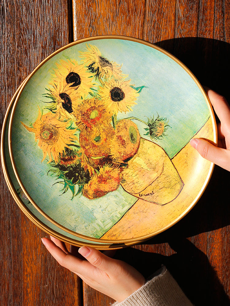 梵高油画装饰盘子美式陶瓷摆件赏盘客厅电视柜向日葵复古莫奈摆盘