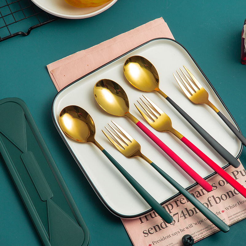 不锈钢便携式餐具可爱儿童学生叉子外带收纳盒筷子勺子三件套装