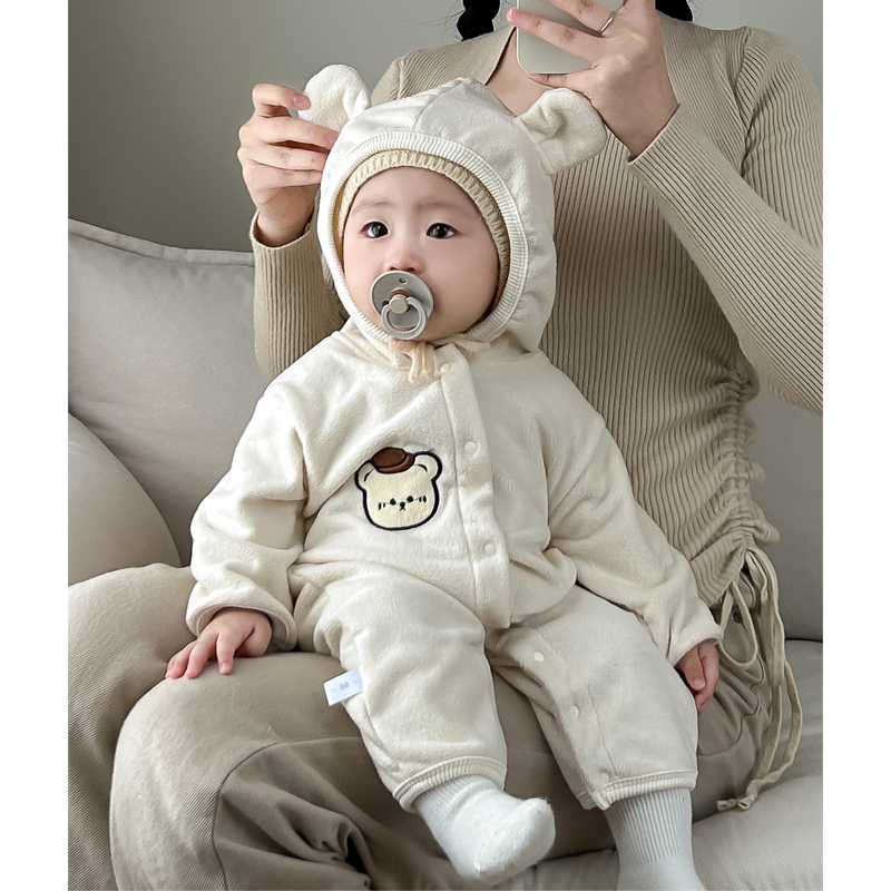 ins韩版23冬款婴儿可爱小熊连帽加绒连体衣男女宝宝保暖外穿爬服