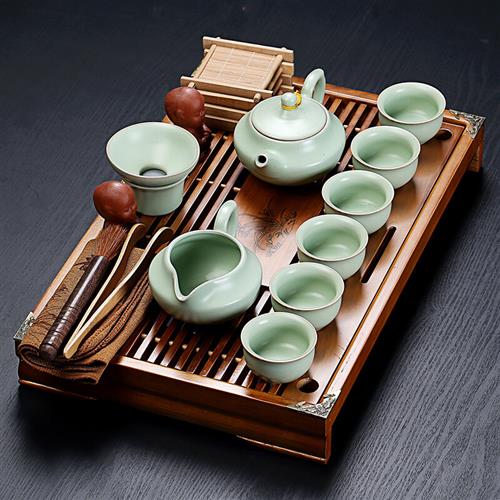 【现货速发】紫砂陶瓷功夫茶具套装家用茶杯简约办公实木小茶盘抽