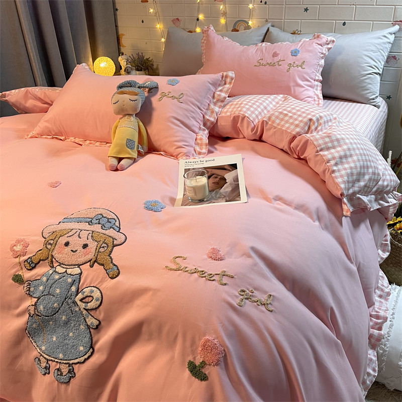 公主风紫色床裙花边刺绣水洗棉床上四件套少女儿童小女孩床单被套