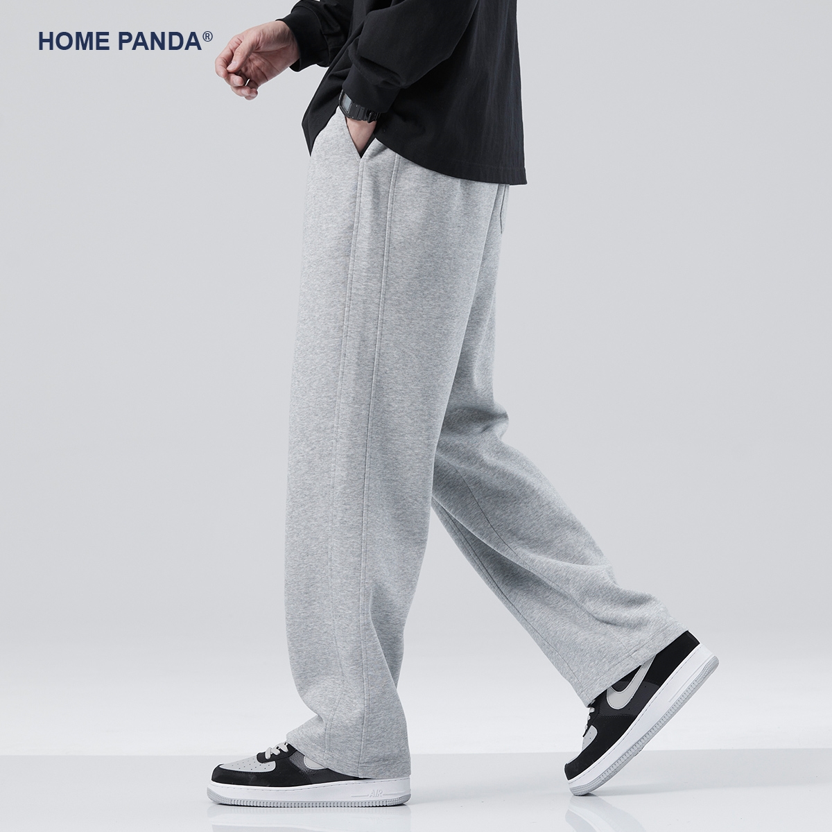 HomePanda重磅灰色宽松直筒卫裤男春秋季纯色美式休闲阔腿运动裤
