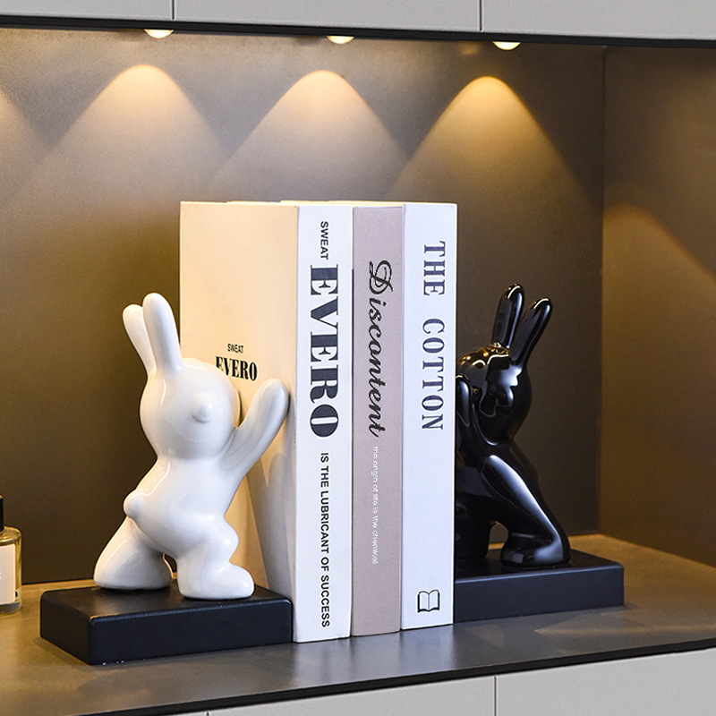 创意兔子书挡酒柜摆件家居装饰品客厅玄关书柜桌面书立陶瓷工艺品