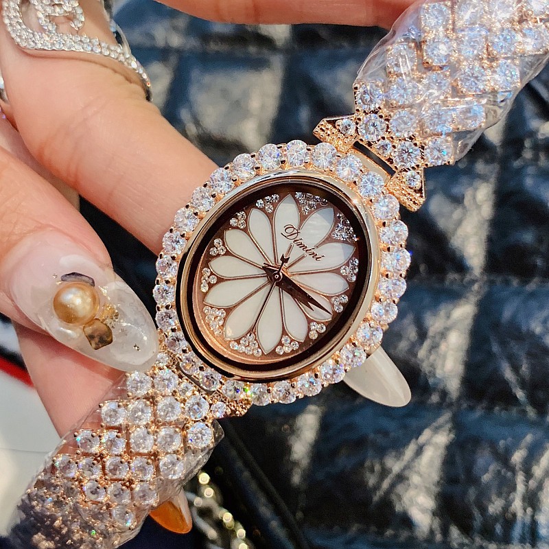 蒂米妮椭圆锆石玫瑰金手链时尚个性水钻花瓣腕表满钻表带士手表女