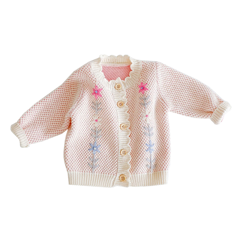 韩版童装女宝宝春秋款甜美针织开衫婴儿洋气手工绣花百搭上衣外套