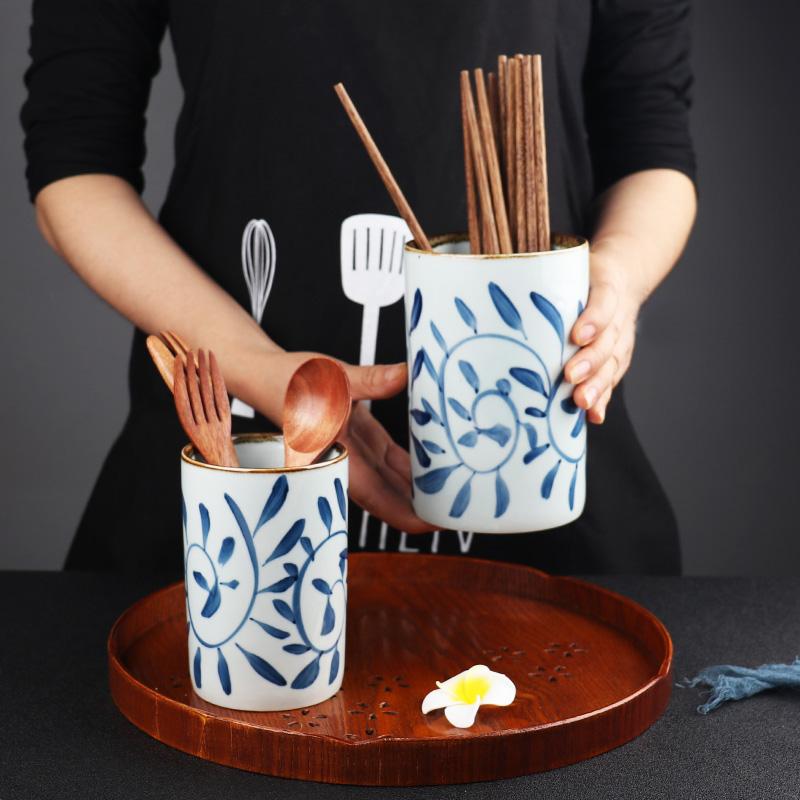日式手绘钩藤筷子筒厨房餐厅平放沥水筷子收纳盒筒平放筷子笼筷笼