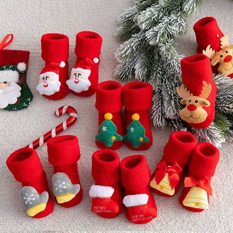 宝宝圣诞袜新生婴儿毛圈袜子圣诞节秋冬款0-3岁学步红色地板袜
