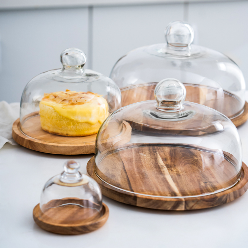 蛋糕展示托盘玻璃罩甜品展示盒实木盘展示架蛋糕罩点心糕点防尘罩