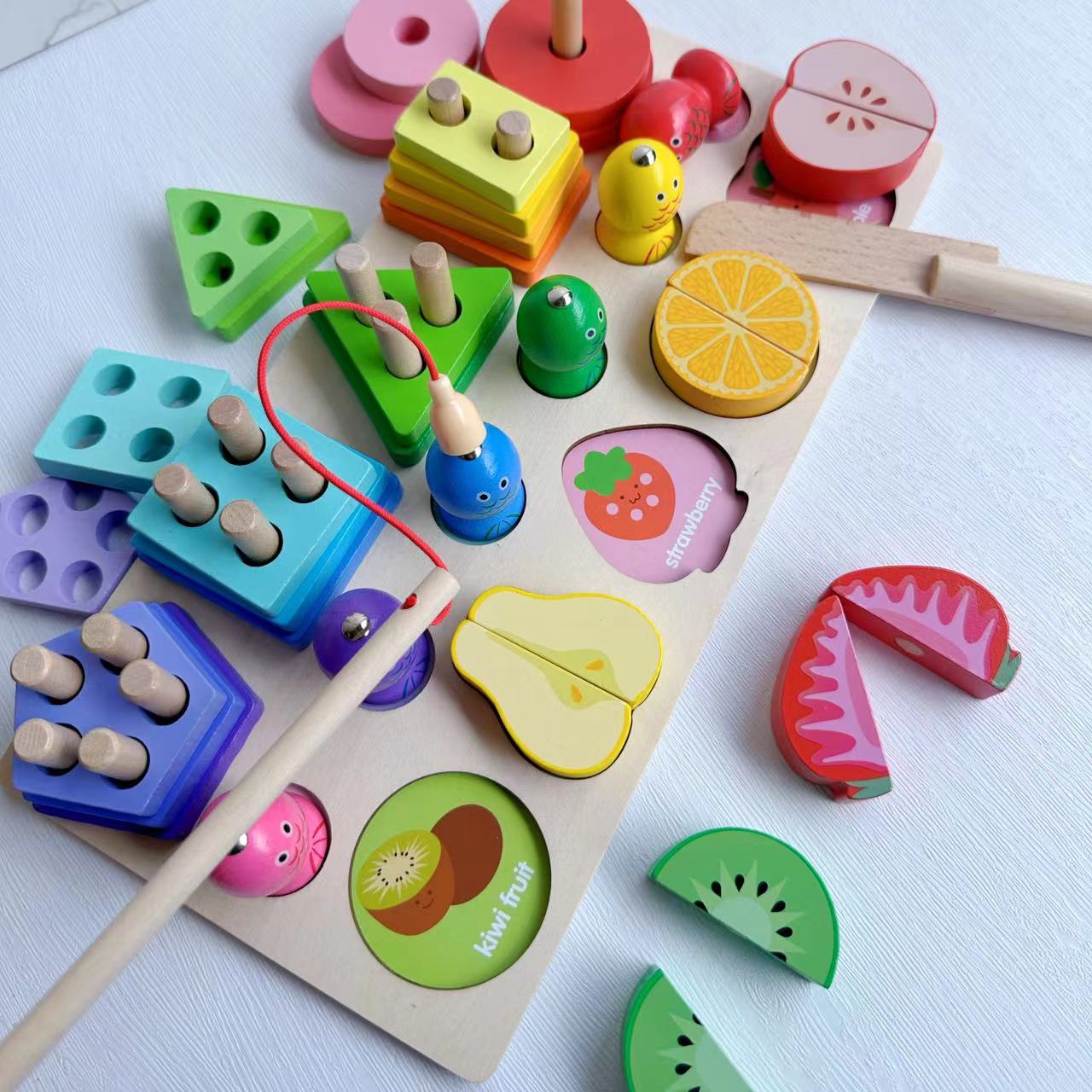 儿童早教三合一对数板几何五套柱配对磁性钓鱼宝宝益智木制小玩具