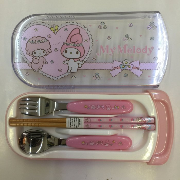 日本制My Melody美乐蒂 儿童餐具组 汤匙+筷子+叉子+餐具收纳盒