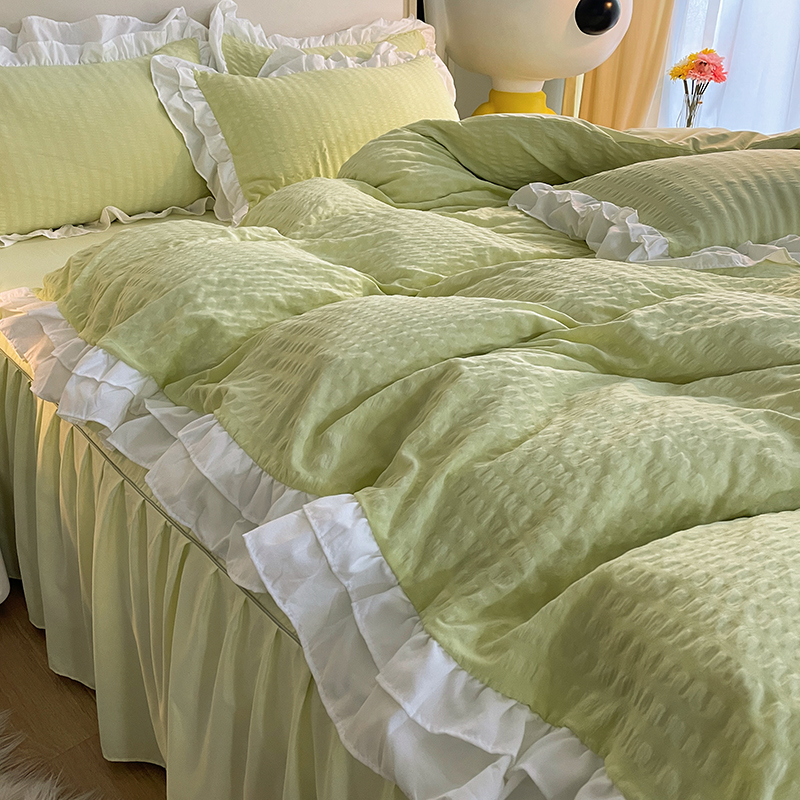 公主风双层花边床裙被套奶绿色泡泡纱水洗棉四件套床单三件套宿舍