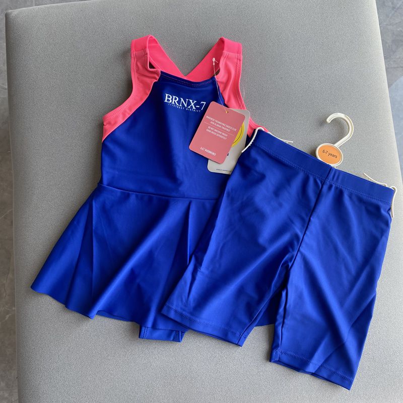 两件套UPF40+外贸原单夏季女童连体背心训练有裙摆平角裤泳衣套装