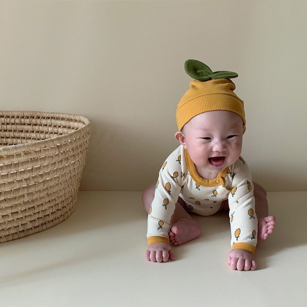 可可妈宝宝柠檬哈衣家居服秋季单层纯棉婴儿三角包屁衣长袖连体衣