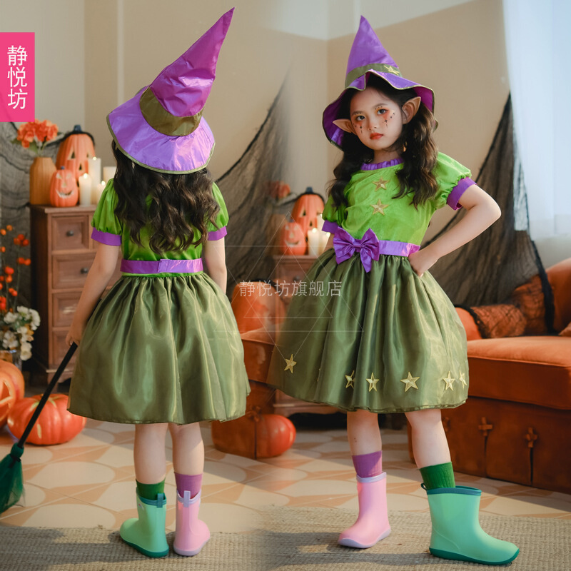 万圣节演出服装女童小叮当公主cos花奇妙仙子绿色精灵儿童连衣裙