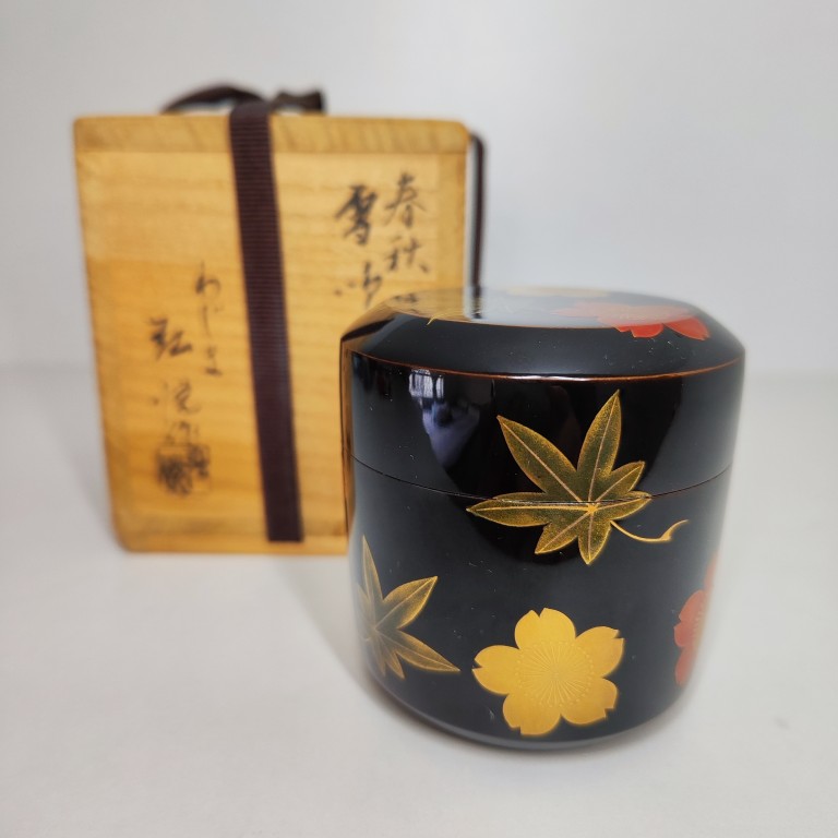 日本大漆弘悦作金時绘枣木胎茶叶罐全新全品原盒6.5＊7cm