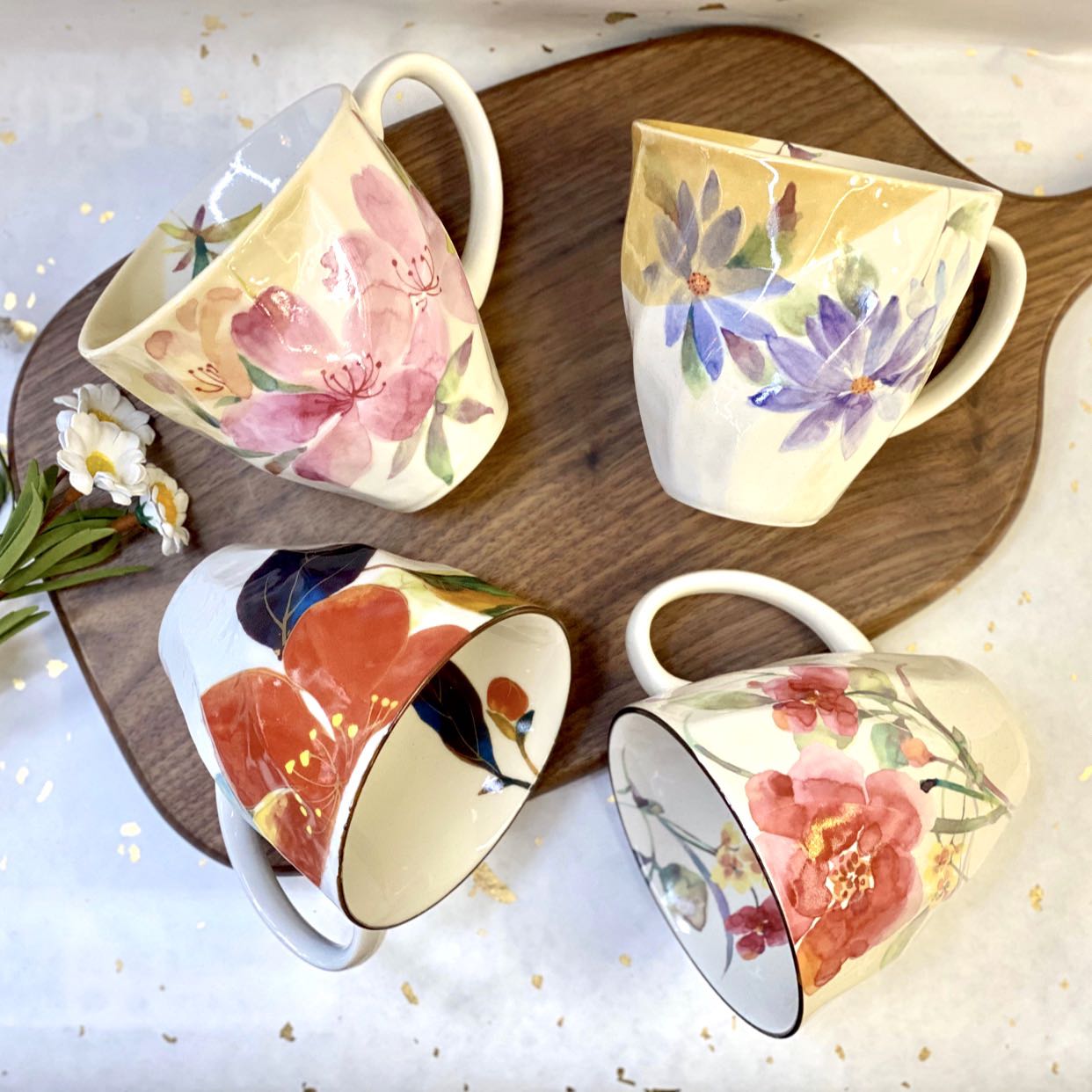 日本进口ceramic蓝马克杯十二月花美浓烧陶瓷水杯茶杯浪漫礼物