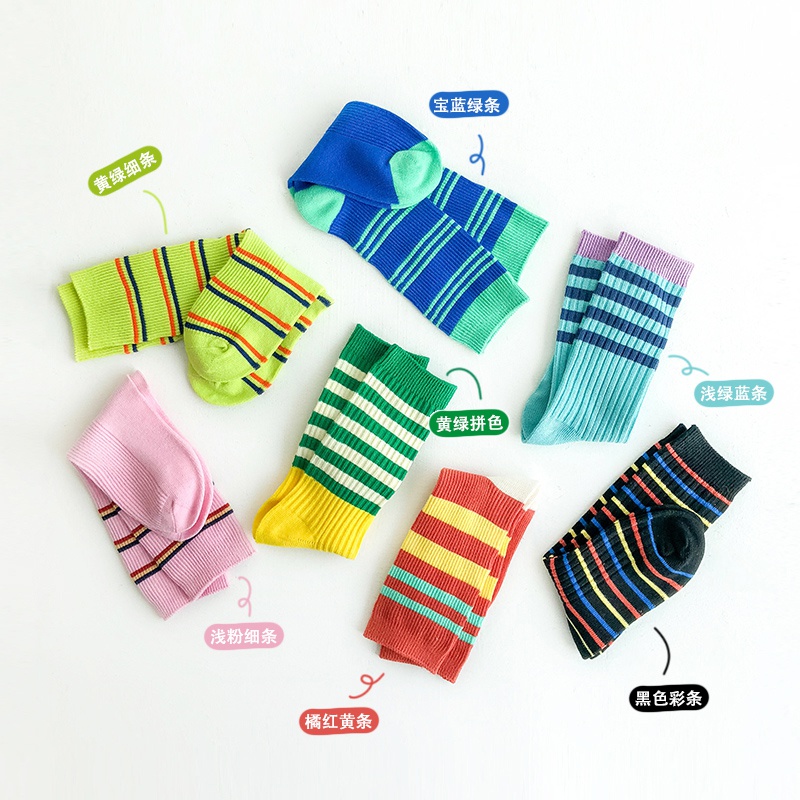 新品春秋季儿童袜子纯棉薄款条纹中筒小童女童堆堆袜男童宝宝长筒