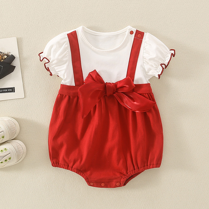 夏季婴儿外出服薄女宝宝可爱圆领纯棉红色假两件套装新生儿连体衣